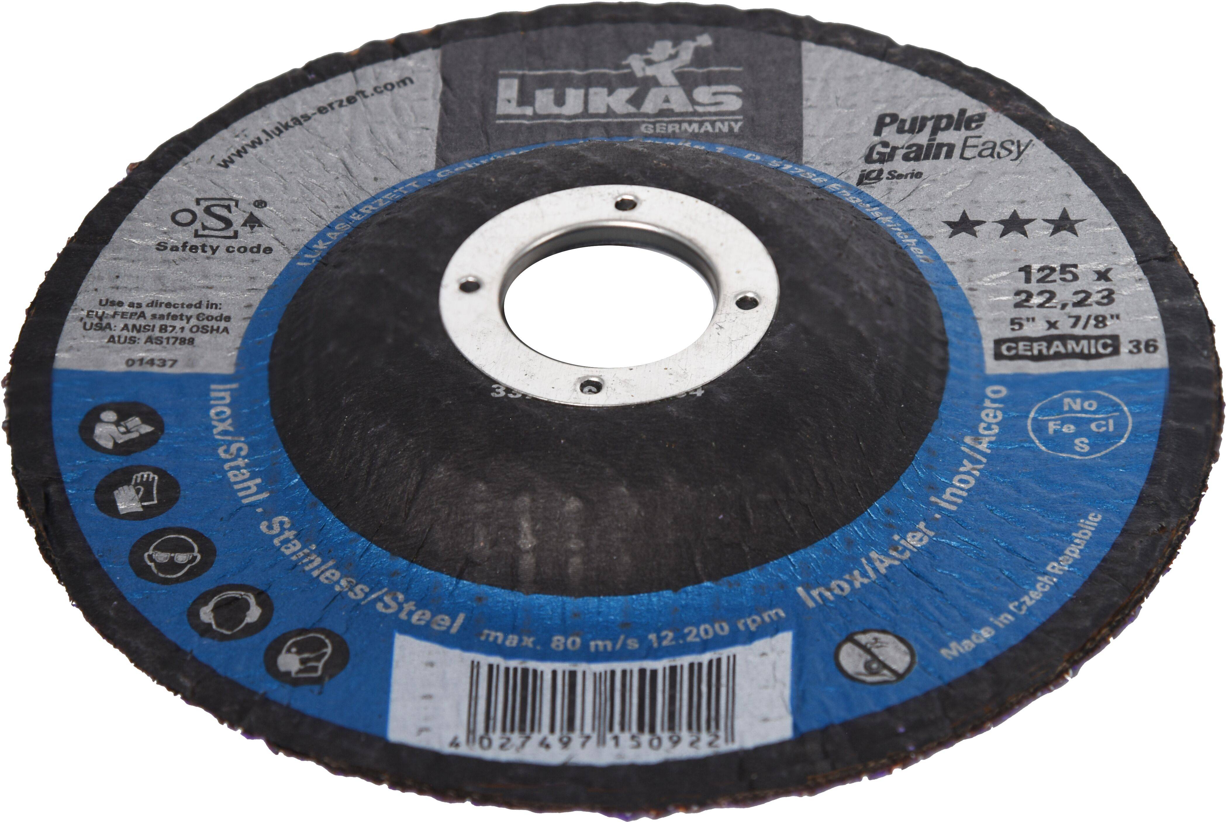 Grinding disc with 'Lukas Germany' logo, blue and black design. Marked 'Purple Grain Easy', dimensions 125 x 22.23, ceramic 36.