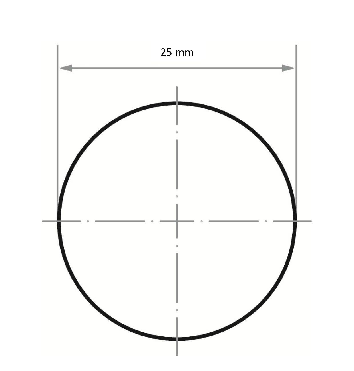 Circle diagram labeled '25 mm' with crosshairs and horizontal arrow indicating diameter.