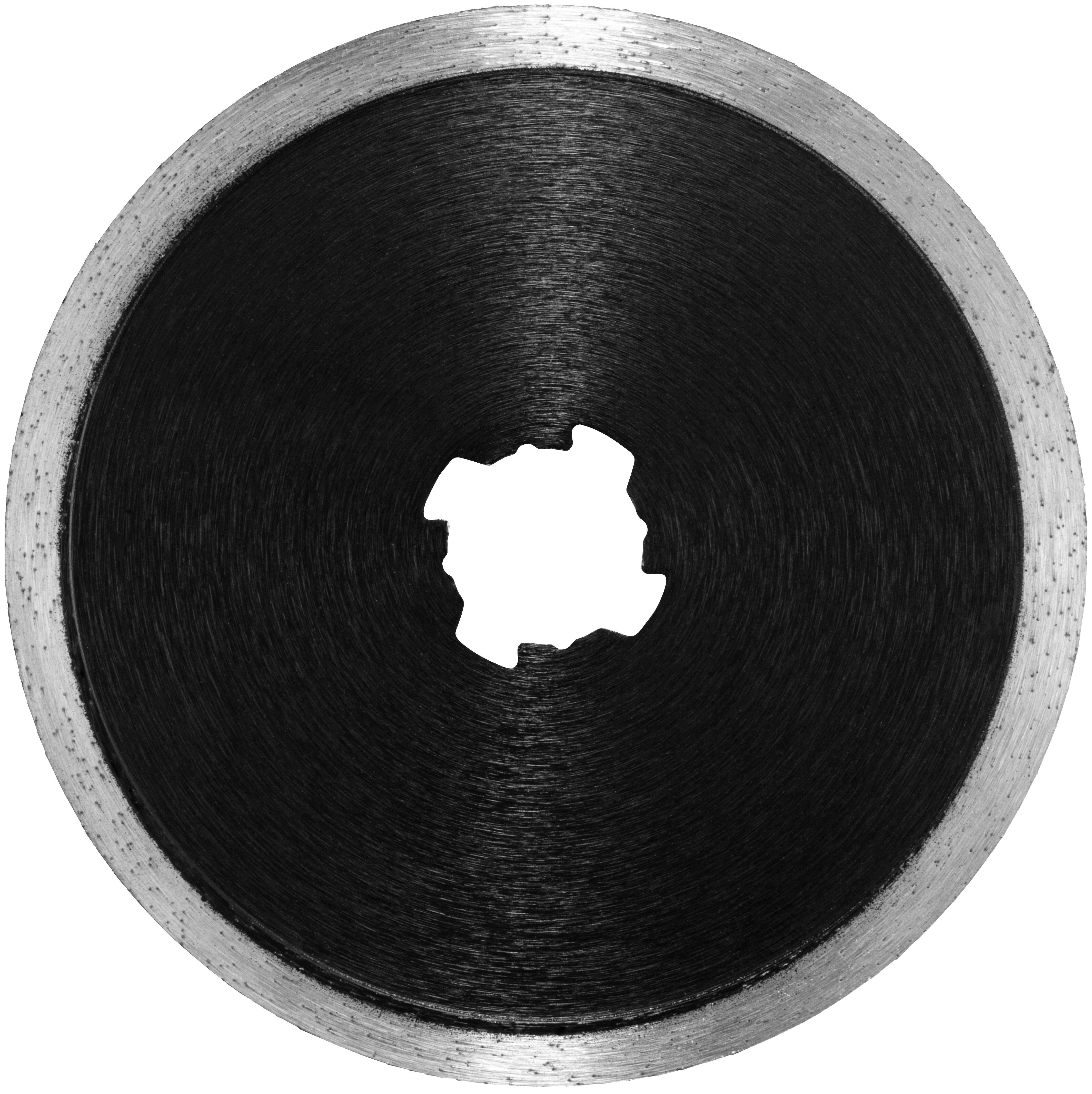 Circular saw blade with a metal edge and a central mounting hole, used for cutting materials like wood, metal, or plastic.