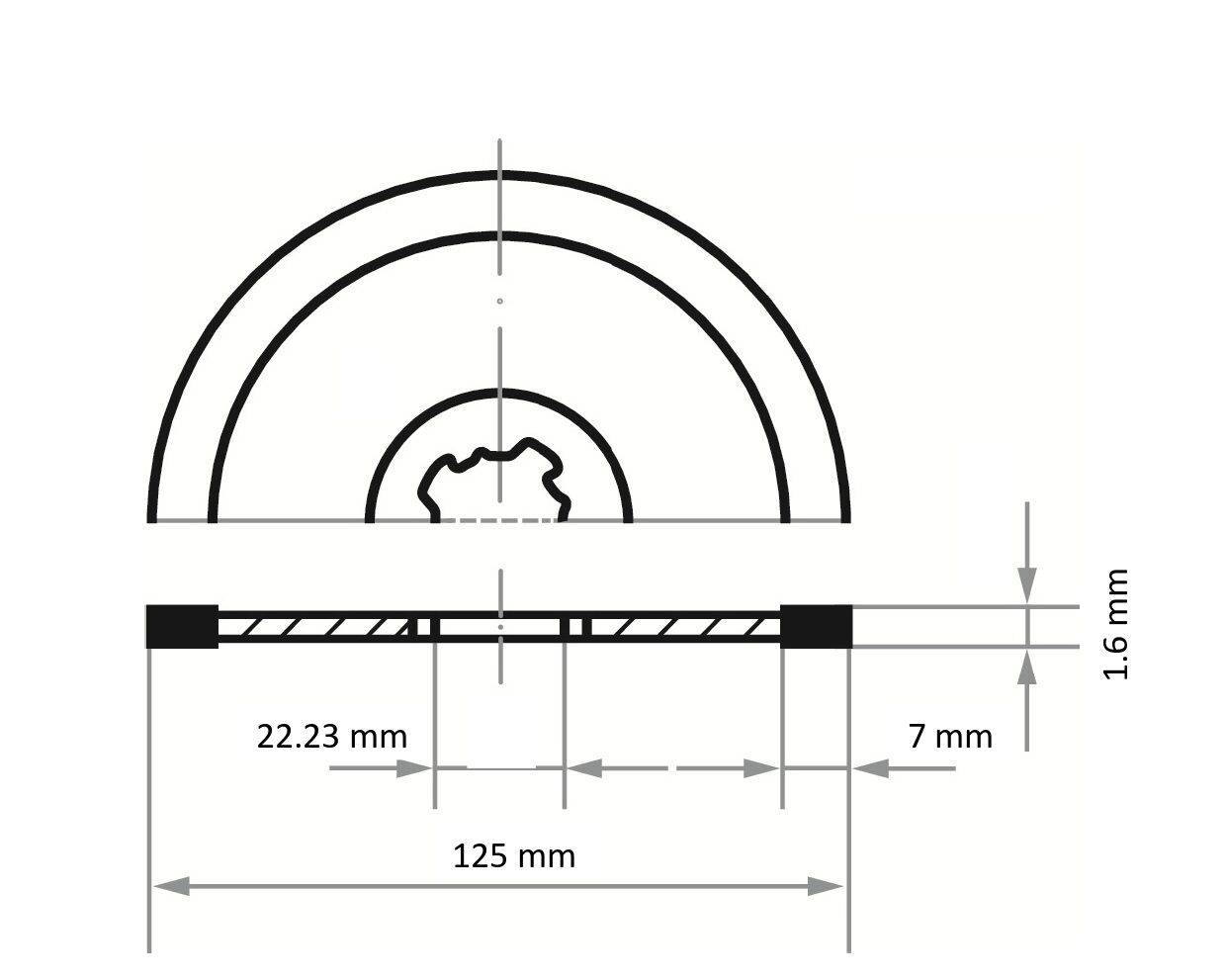 A diagram of a circular saw blade with dimensions: 22.23 mm bore, 125 mm diameter, 1.6 mm thick. Side view shows a 7 mm height.