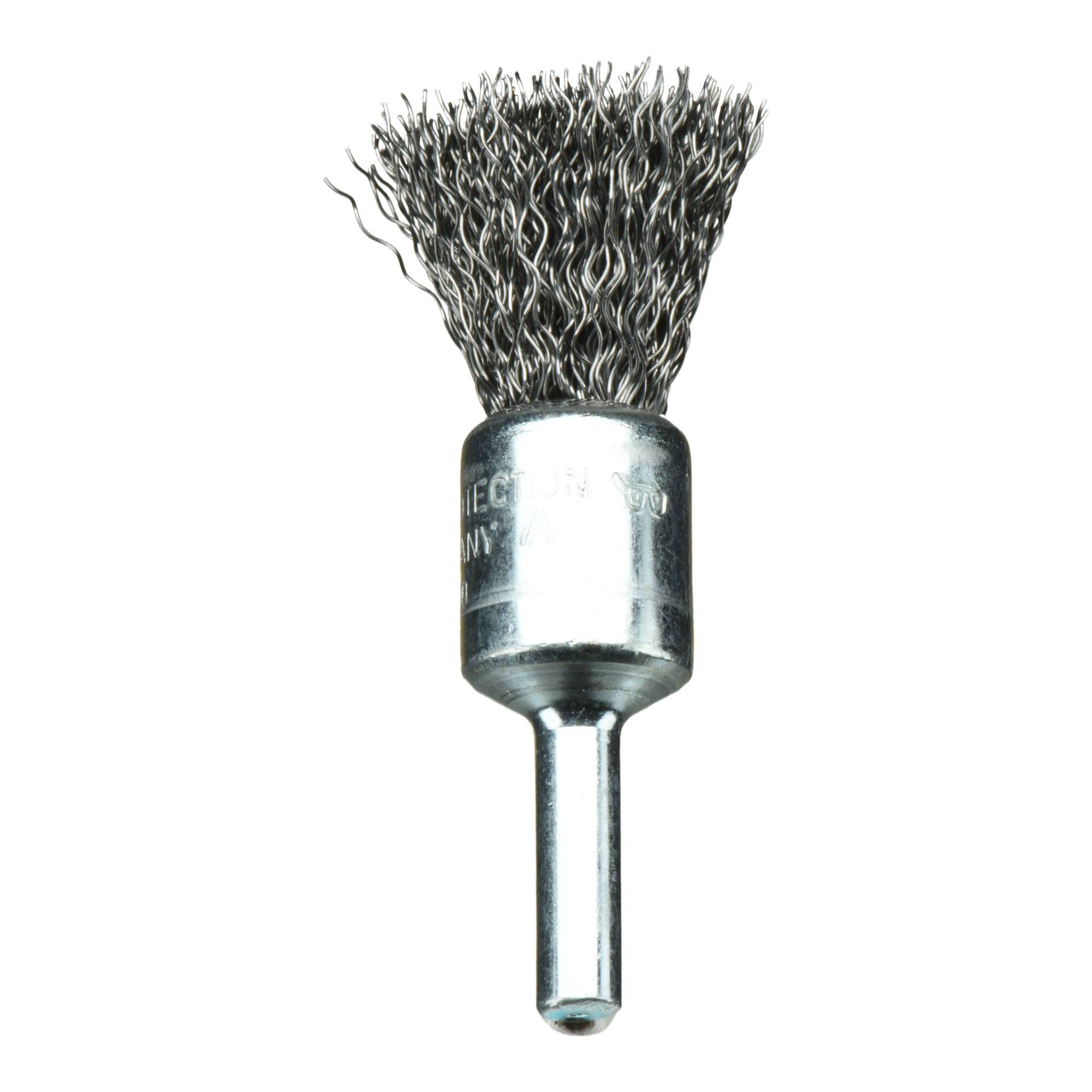 A metal wire brush with a cylindrical handle and bristles fanned out at the top, used for cleaning or grinding surfaces.