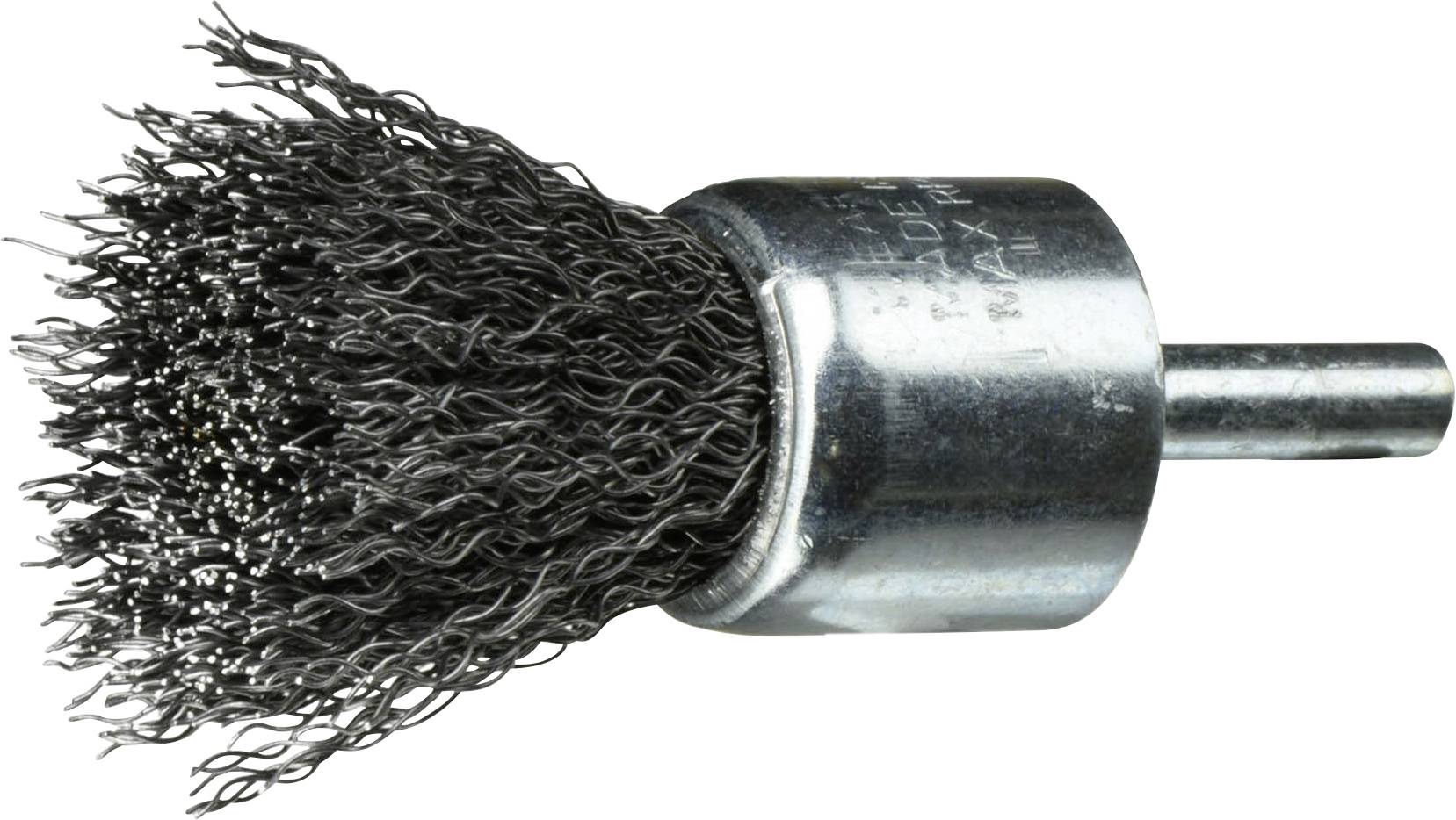 A wire brush attachment with metal bristles, suitable for cleaning or polishing surfaces, featuring a cylindrical metal base and shaft.