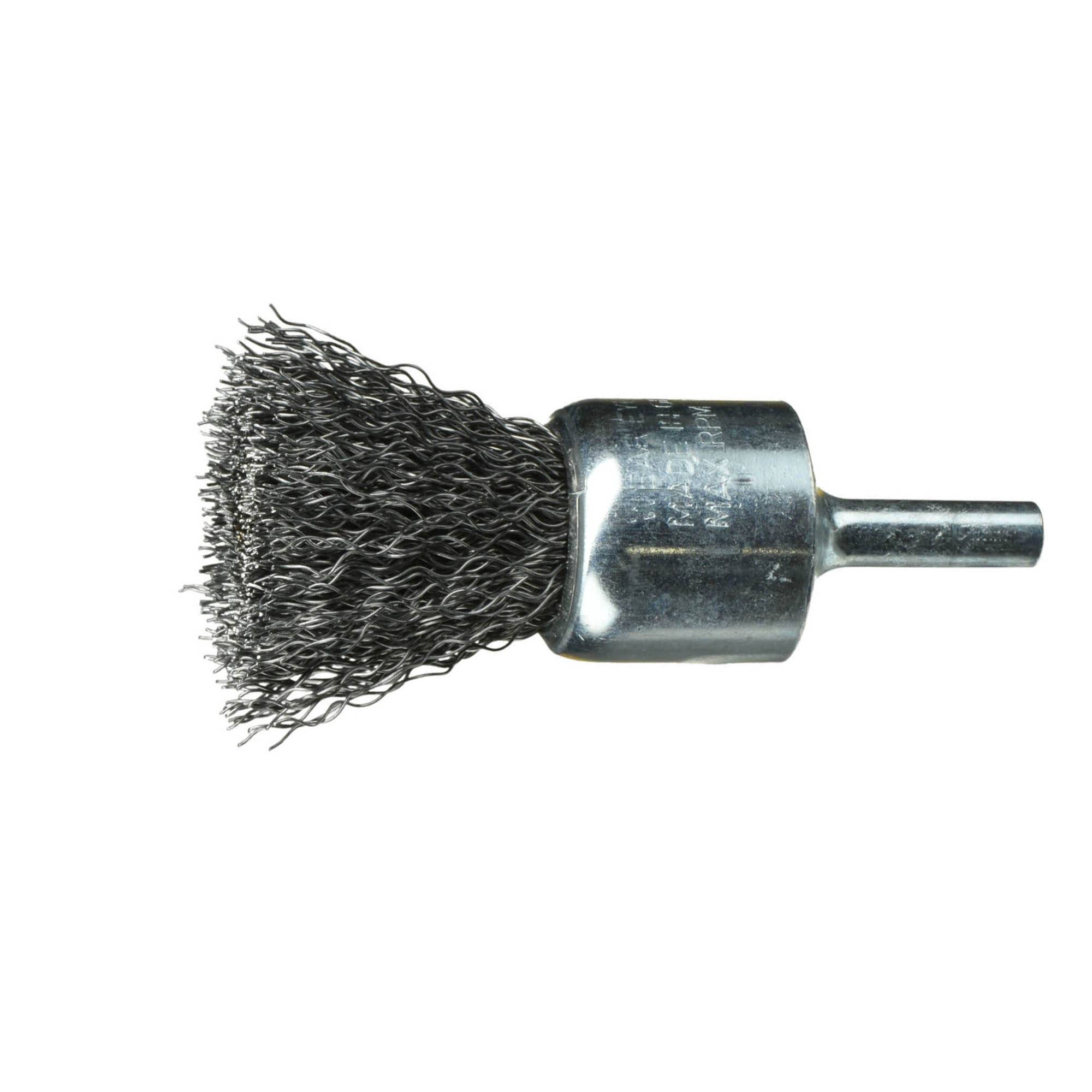 A metal wire brush drill attachment with bristles for cleaning or polishing surfaces, shown against a plain background.