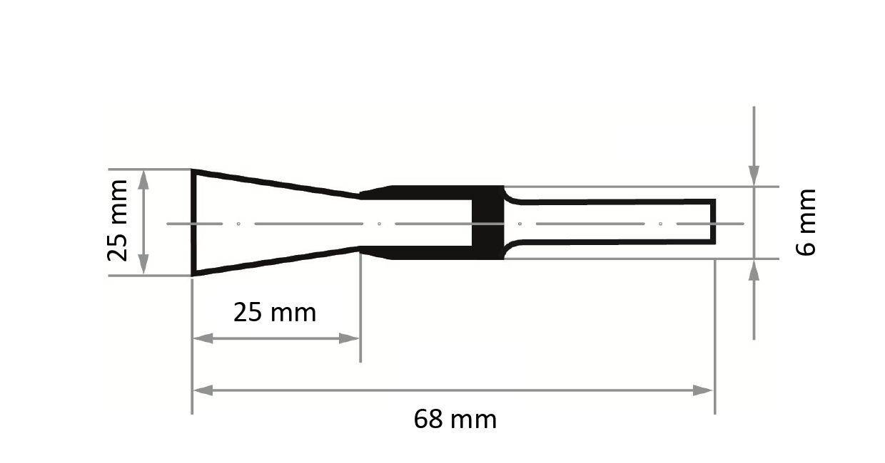 Line diagram of a tool with a conical and cylindrical dual section, dimensions included: 25mm height and 68mm total length.