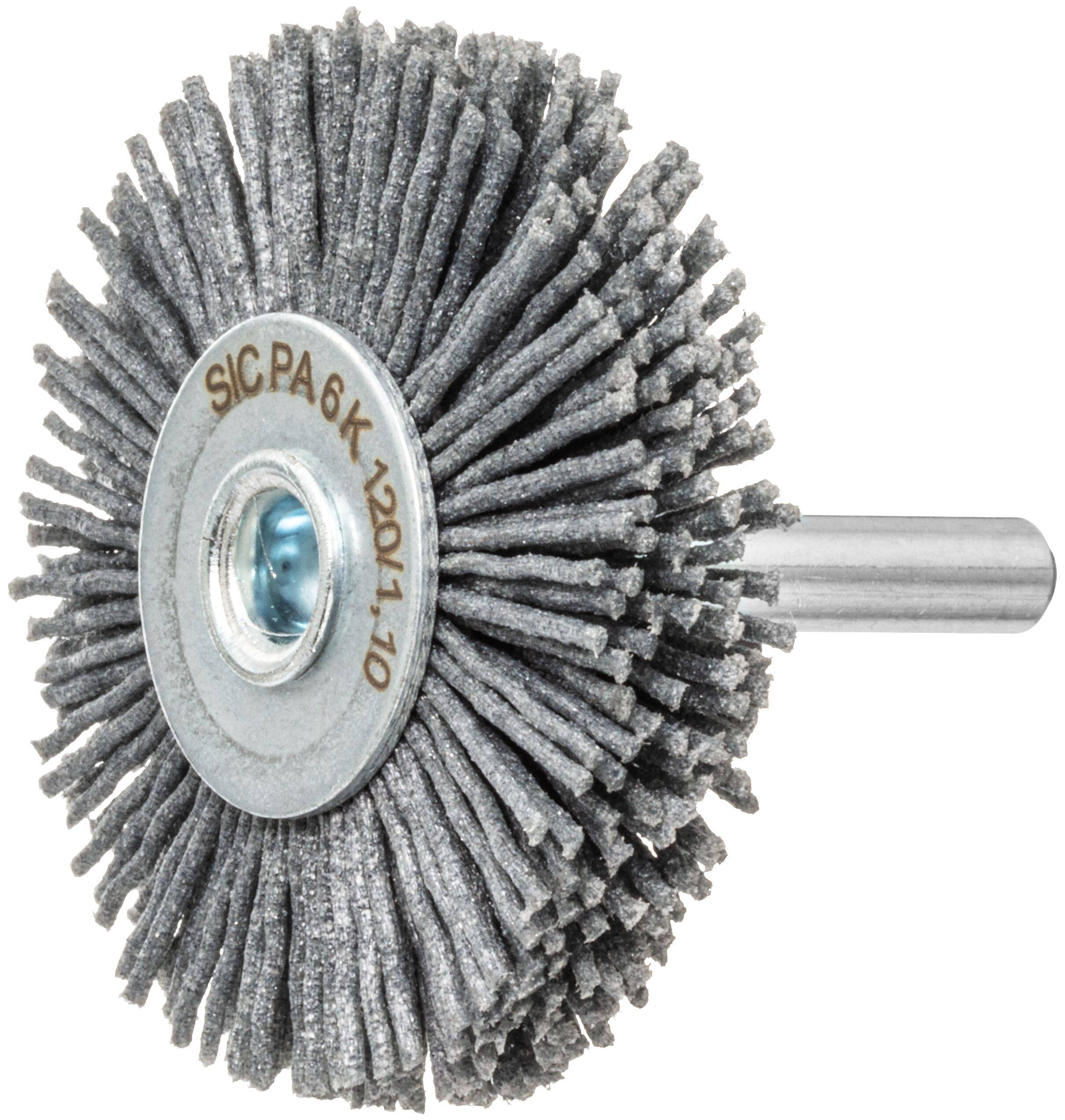 A cylindrical abrasive flap wheel with dense, radial strips attached to a metal center, used for grinding or polishing materials.