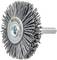 A cylindrical abrasive flap wheel with dense, radial strips attached to a metal center, used for grinding or polishing materials.