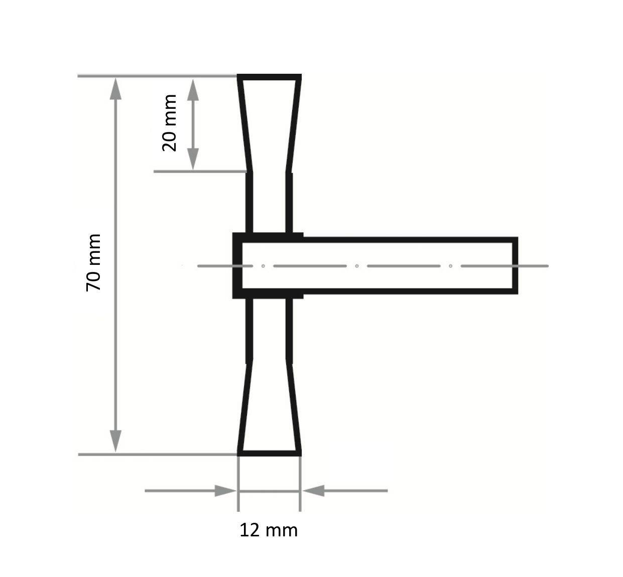 Technical drawing of an L-shaped metal connector showing measurements: 70 mm height, 20 mm top width, and 12 mm side width.