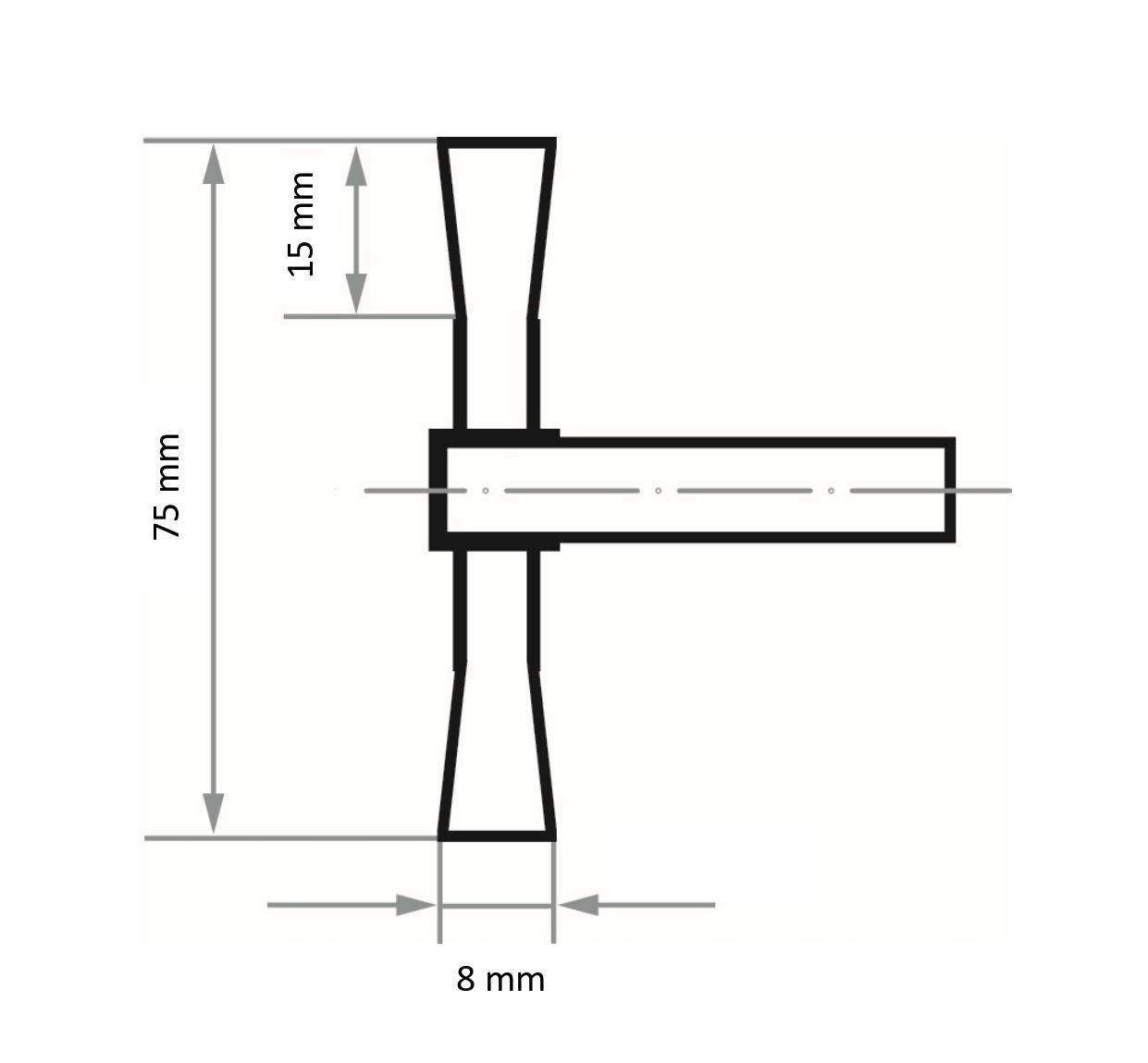 Diagram of a cross-sectional view of a T-joint fitting. It shows dimensions: vertical part is 75 mm high, horizontal part is 8 mm wide, extending from a 15 mm wide point.