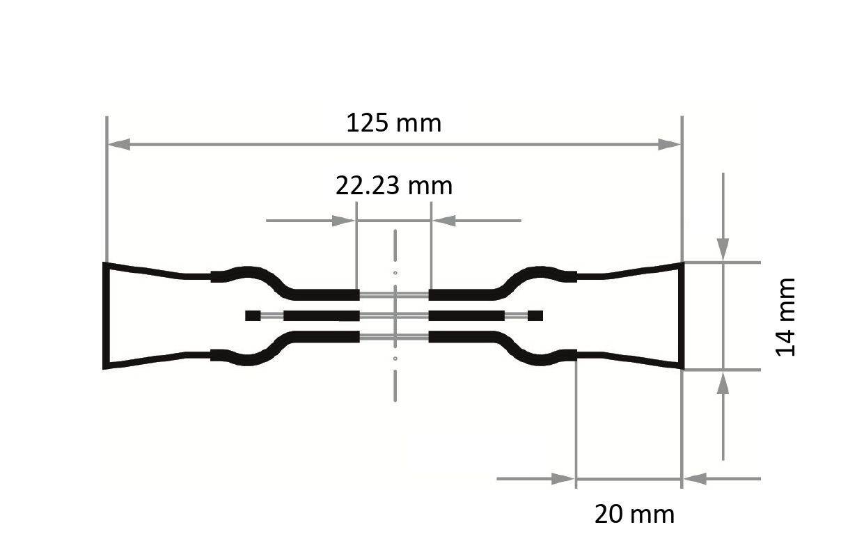 Diagram of a device showing dimensions: length 125 mm, width 14 mm, center section 22.23 mm, and ends extend by 20 mm.