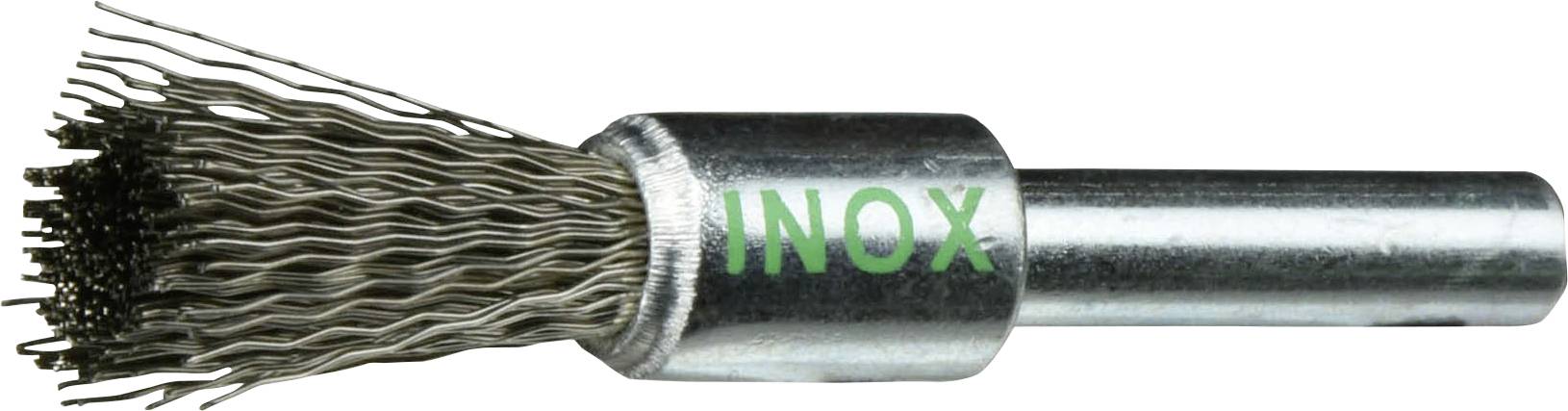 A wire brush tool with a cylindrical metal handle. The word 'INOX' is printed in green on the side. Used for cleaning or polishing surfaces.