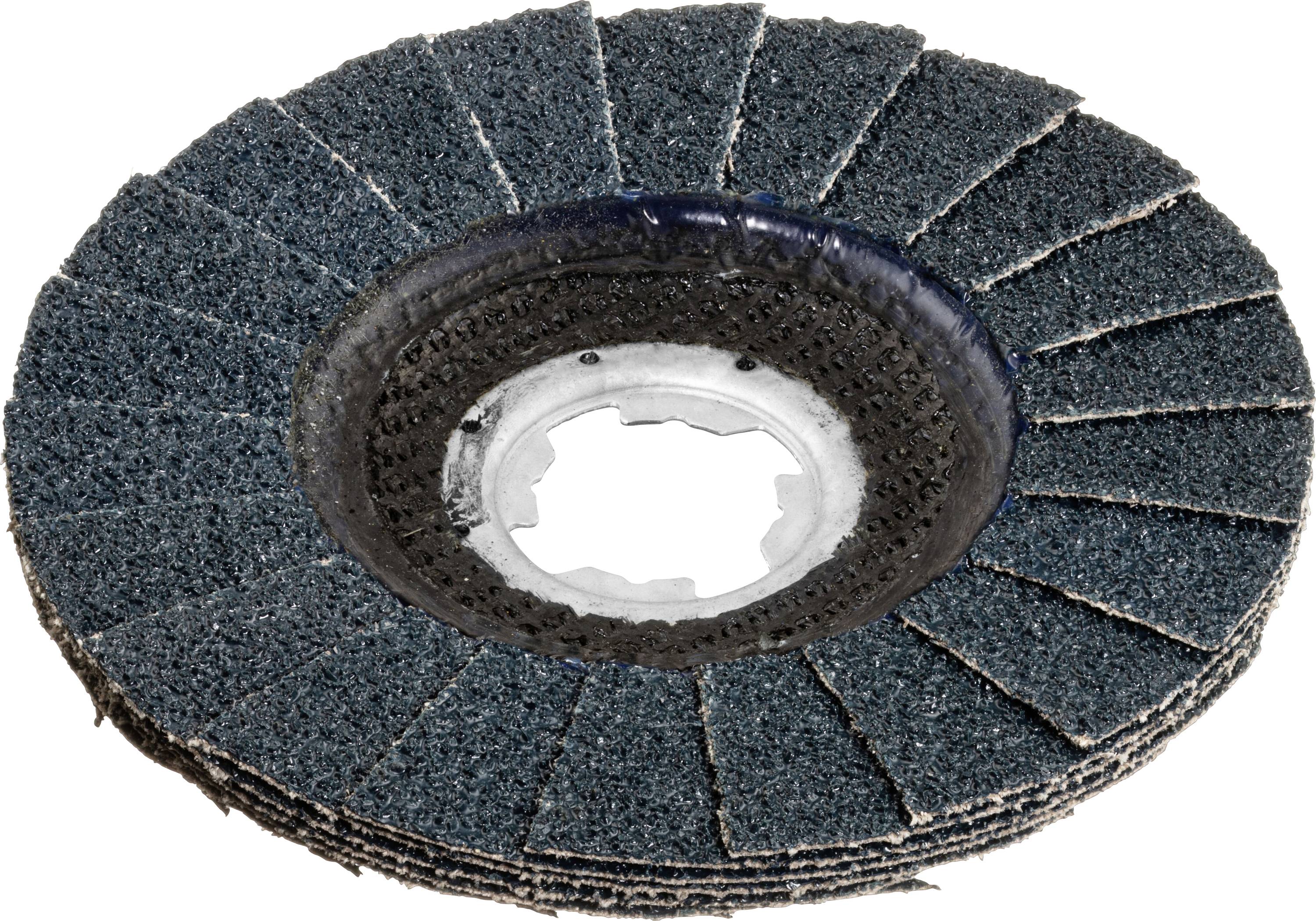 A close-up of a circular abrasive flap disc with overlapping blue grit-coated flaps, used for grinding and finishing metal surfaces.