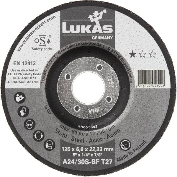 LUKAS-ERZETT AS000109V9802 T27 230x6,0x22,23 Grinding disc Diameter 230 mm Bore diameter 22.23 mm Non-corrosive steel 10 pc(s)