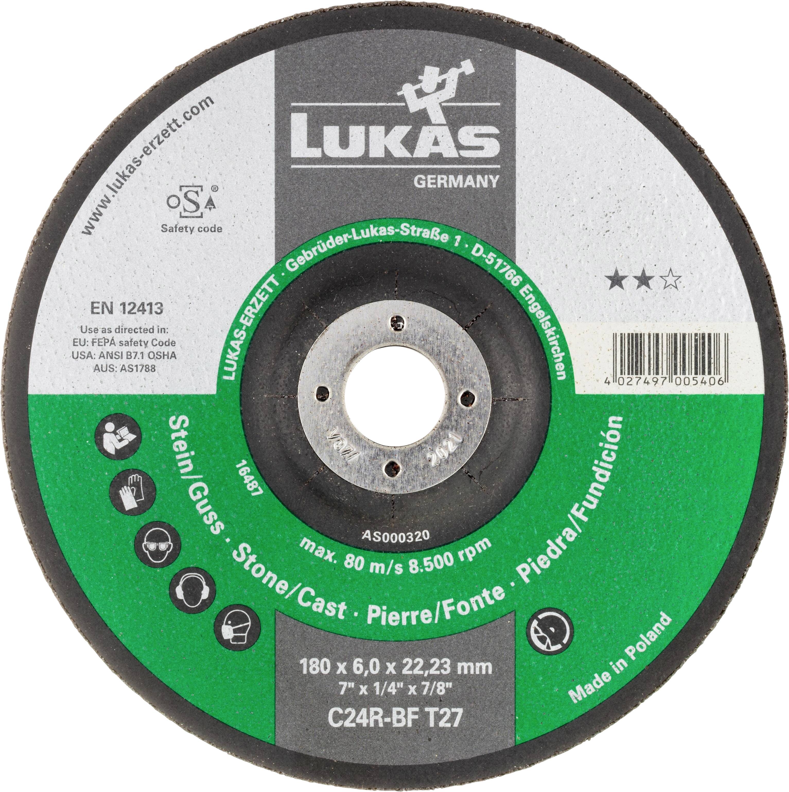 Grinding wheel with 'Lukas Germany' branding, safety compliance logos, and specifications for stone and cast material. Made in Poland.