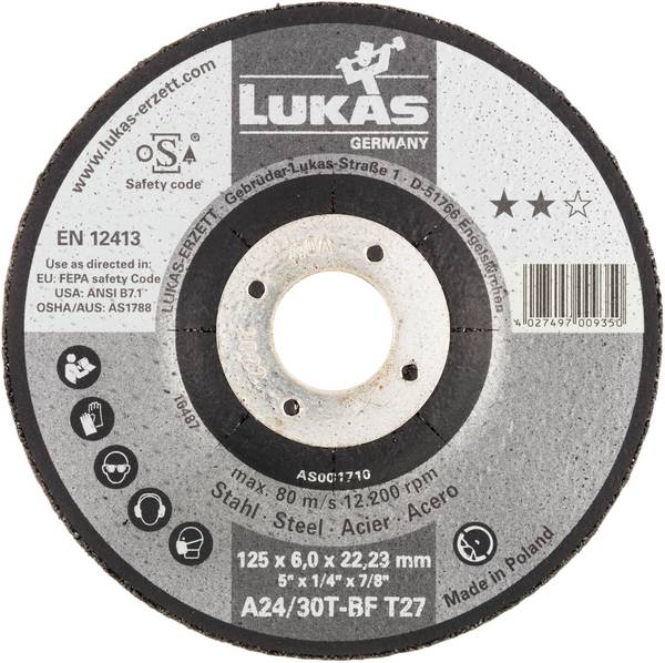 LUKAS-ERZETT AS001679V9802 T27 115x6,0x22,23 Grinding disc Diameter 115 mm Bore diameter 22.23 mm Steel, Structural steel, Stainless steel 10 pc(s)