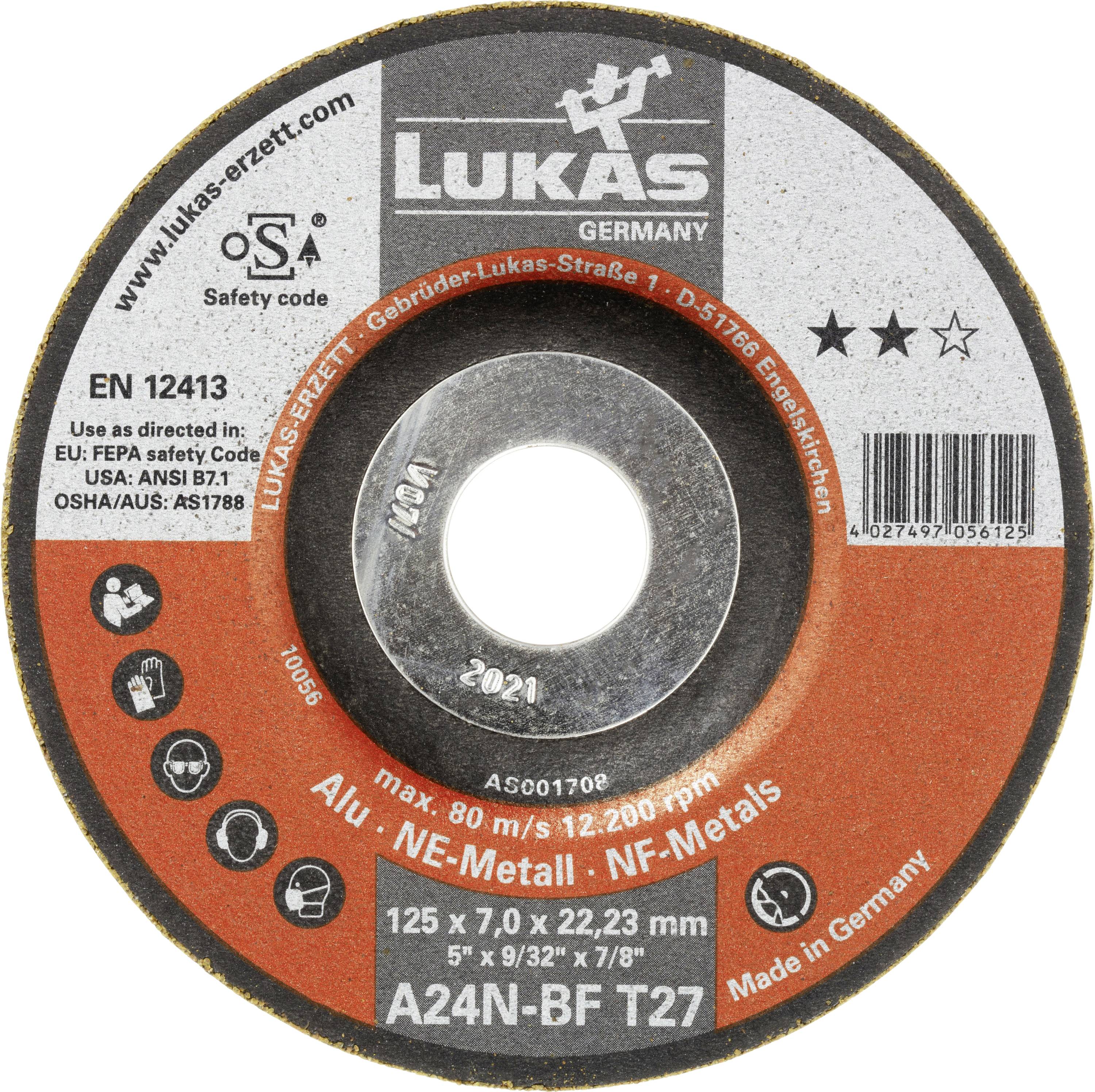'A 125mm cutting disc made in Germany for aluminum and non-ferrous metals, max 12,200 rpm. Features safety code and standards compliance.'