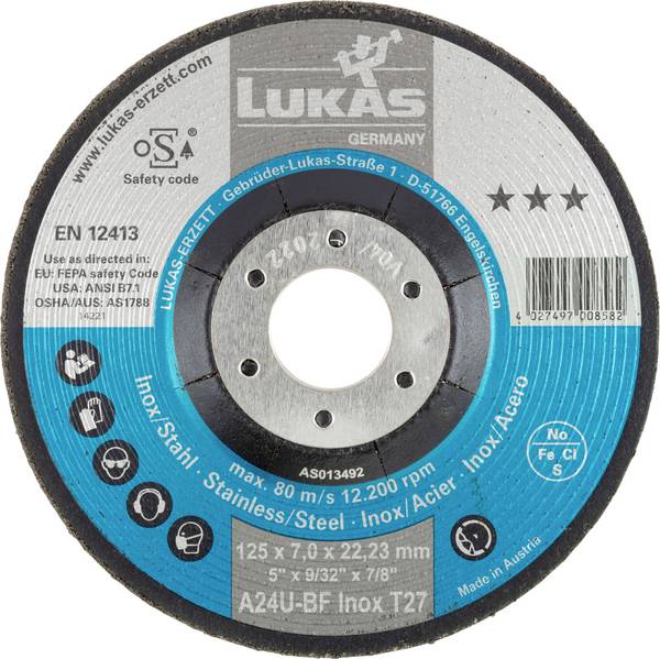 LUKAS-ERZETT AS013492V9802 T27 125x7,0x22,23 A24U-BF Grinding disc Diameter 125 mm Bore diameter 22.23 mm Stainless steel 10 pc(s)