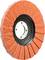 An orange abrasive flap disc with overlapping segments and a central hole, designed for sanding or grinding surfaces.