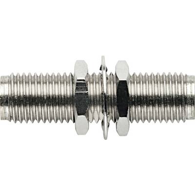 A cylindrical metallic connector with threaded ends and hexagonal nuts, typically used for coaxial cable connections.