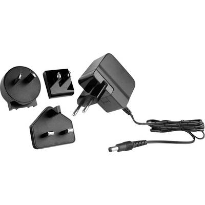 A black power adapter with three interchangeable plug types suitable for different regions, featuring a cord with a cylindrical connector.