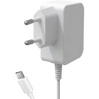 A white, two-prong plug power adapter with a USB-C connector, used for charging electronic devices.