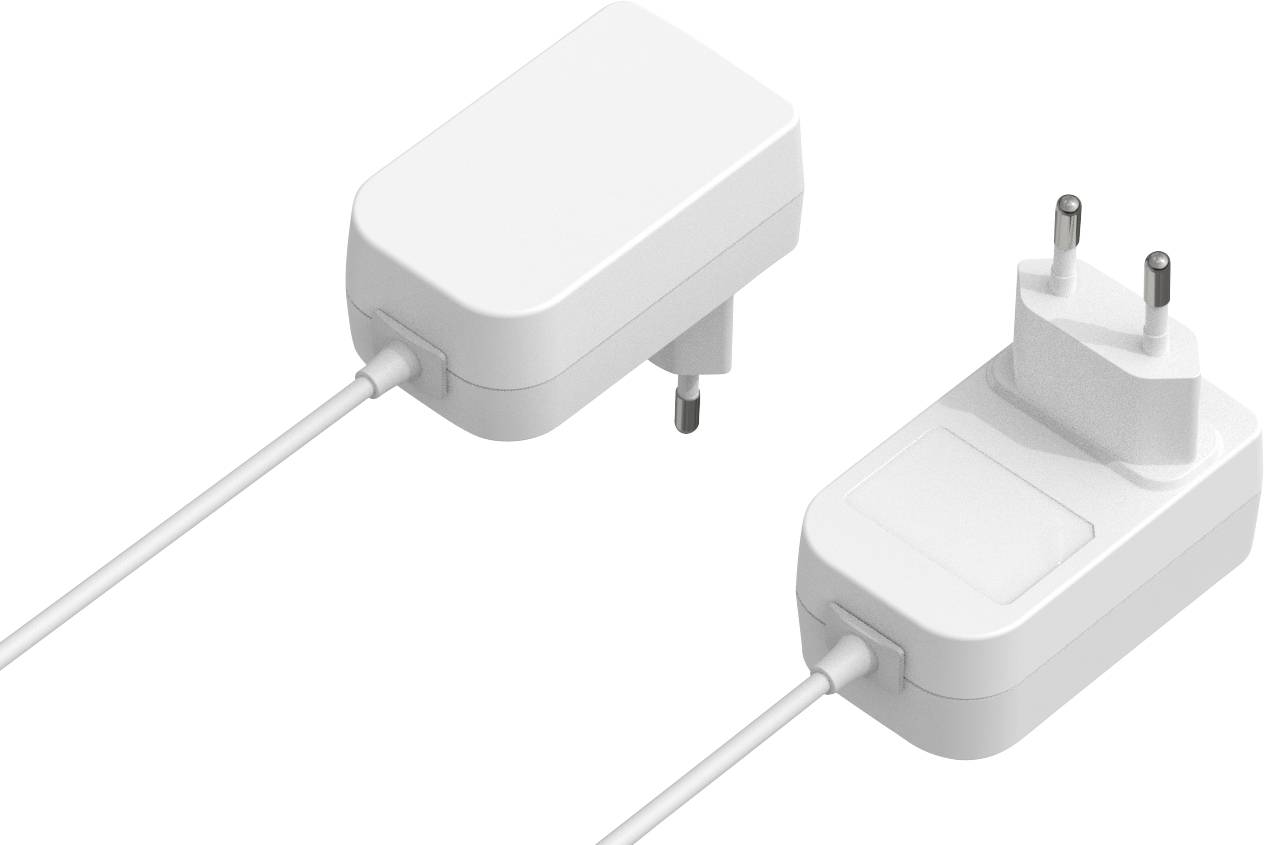 A white, rectangular power adapter with two round prongs, connected to a cord, shown from two different angles.