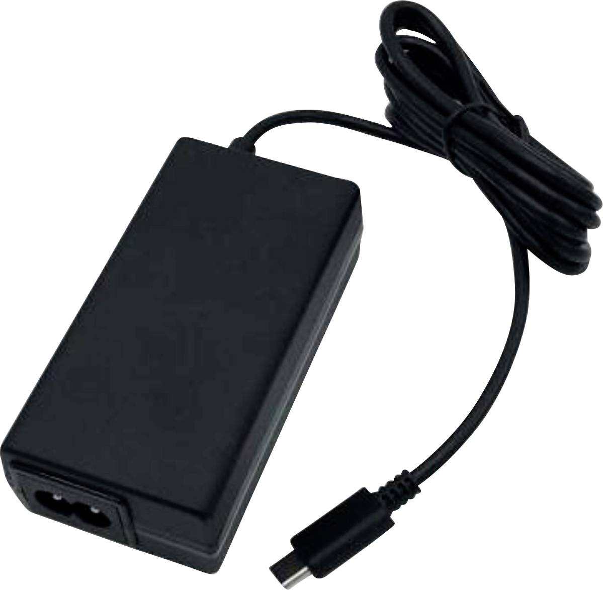 A black rectangular power adapter with a cord ending in a USB-C connector.
