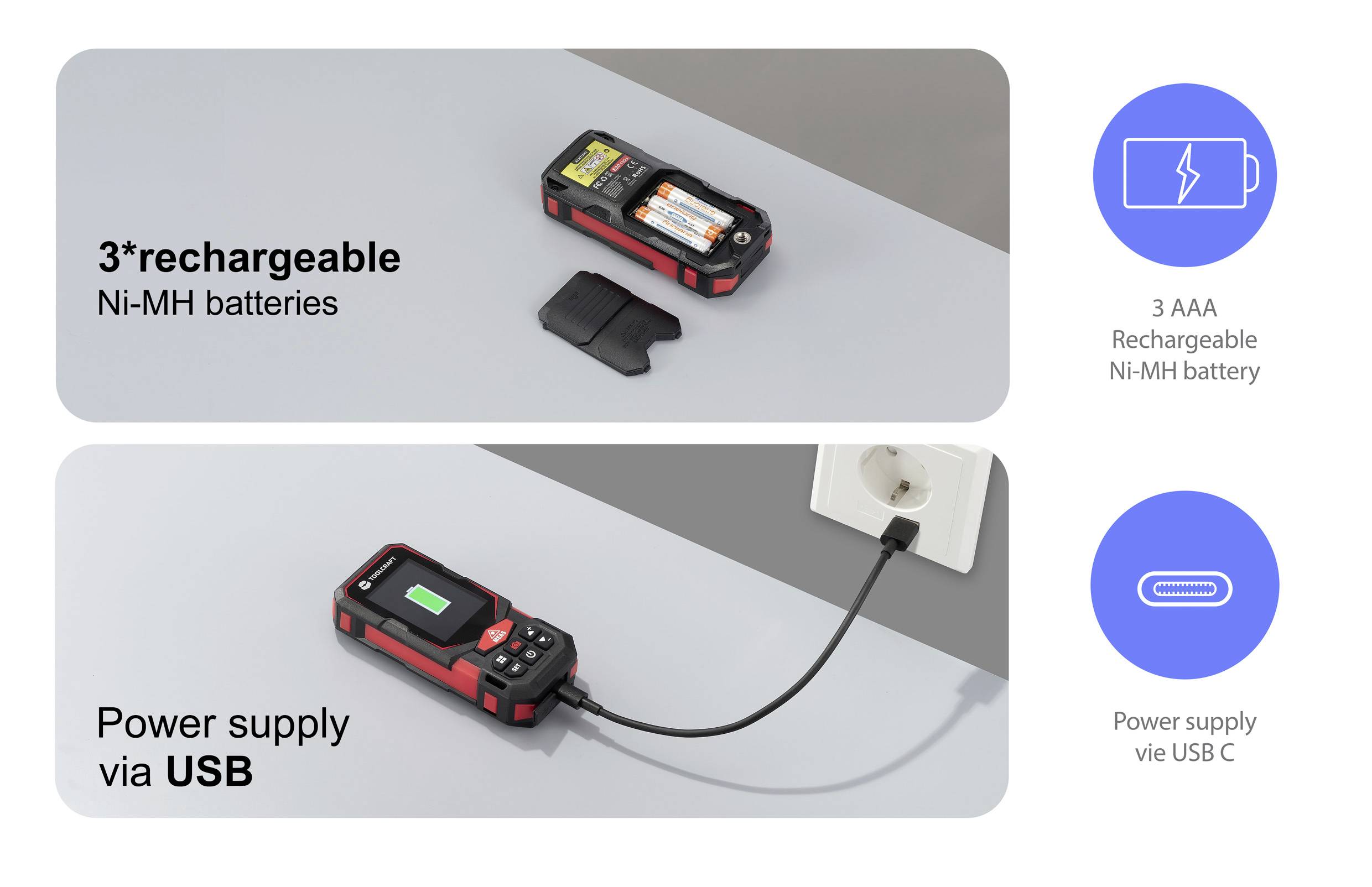 'Image showing a rechargeable device with 3 Ni-MH batteries and a separate image of the device connected to a power supply via USB C.'