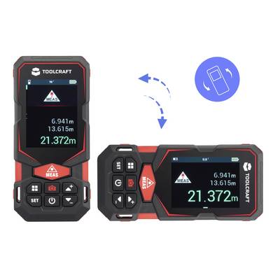 Toolcraft laser distance meter shown in portrait and landscape orientations, with a rotating screen icon indicating the display can be turned.<br>