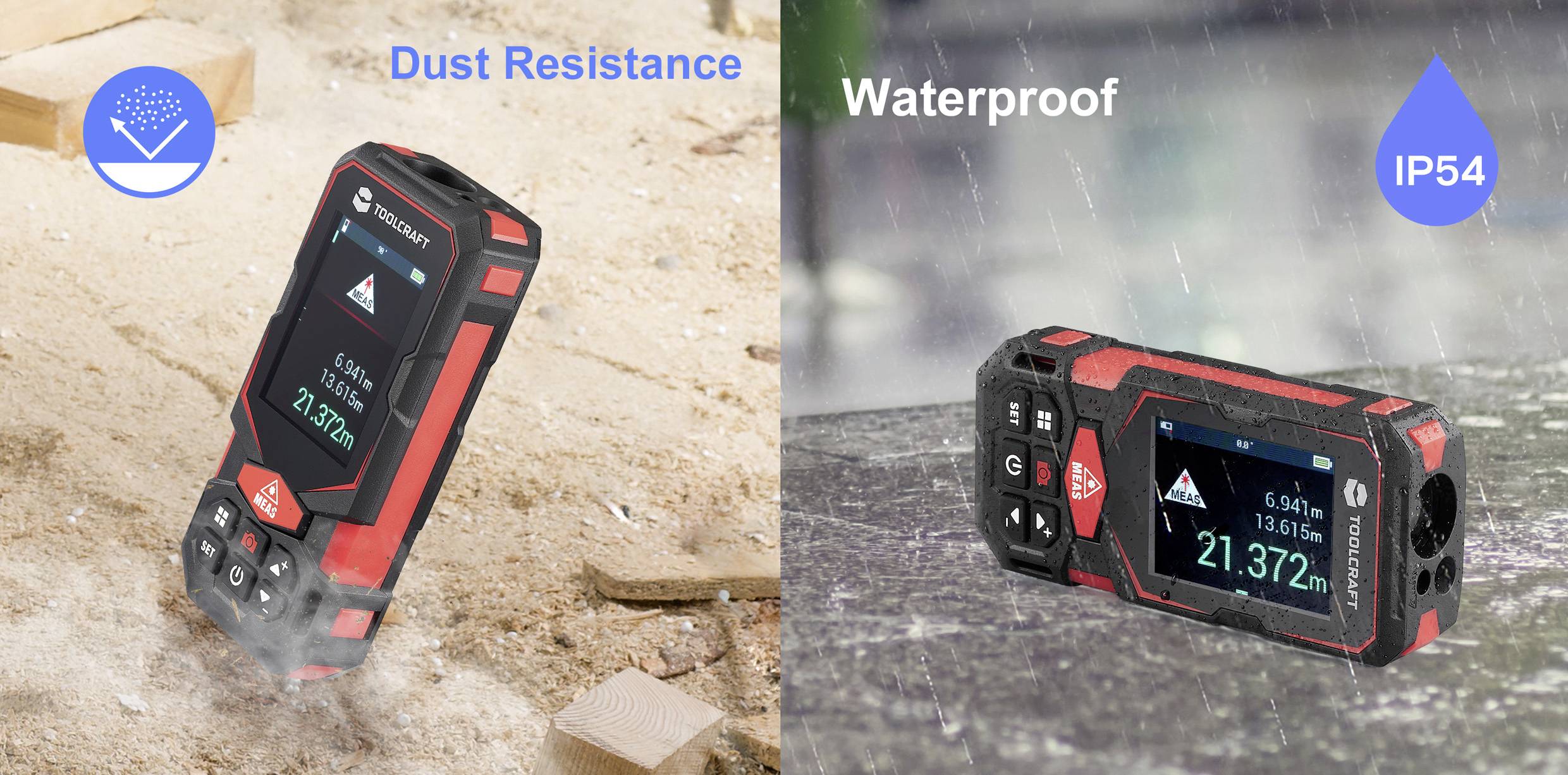 'Digital distance meter showing 21.372 meters. Left: on sandy surface with 'Dust Resistance' label. Right: in rain with 'Waterproof IP54' label.'
