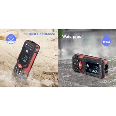 Split product image showing a rugged handheld meter in use, labeled 'Dust Resistance' with dust icon and 'Waterproof' with IP54 badge, illustrating durability in harsh conditions