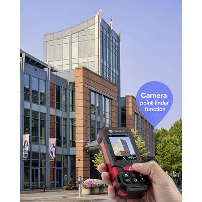 Handheld laser distance meter showing a building on its screen, with a label reading 'Camera point finder function' highlighting the feature.