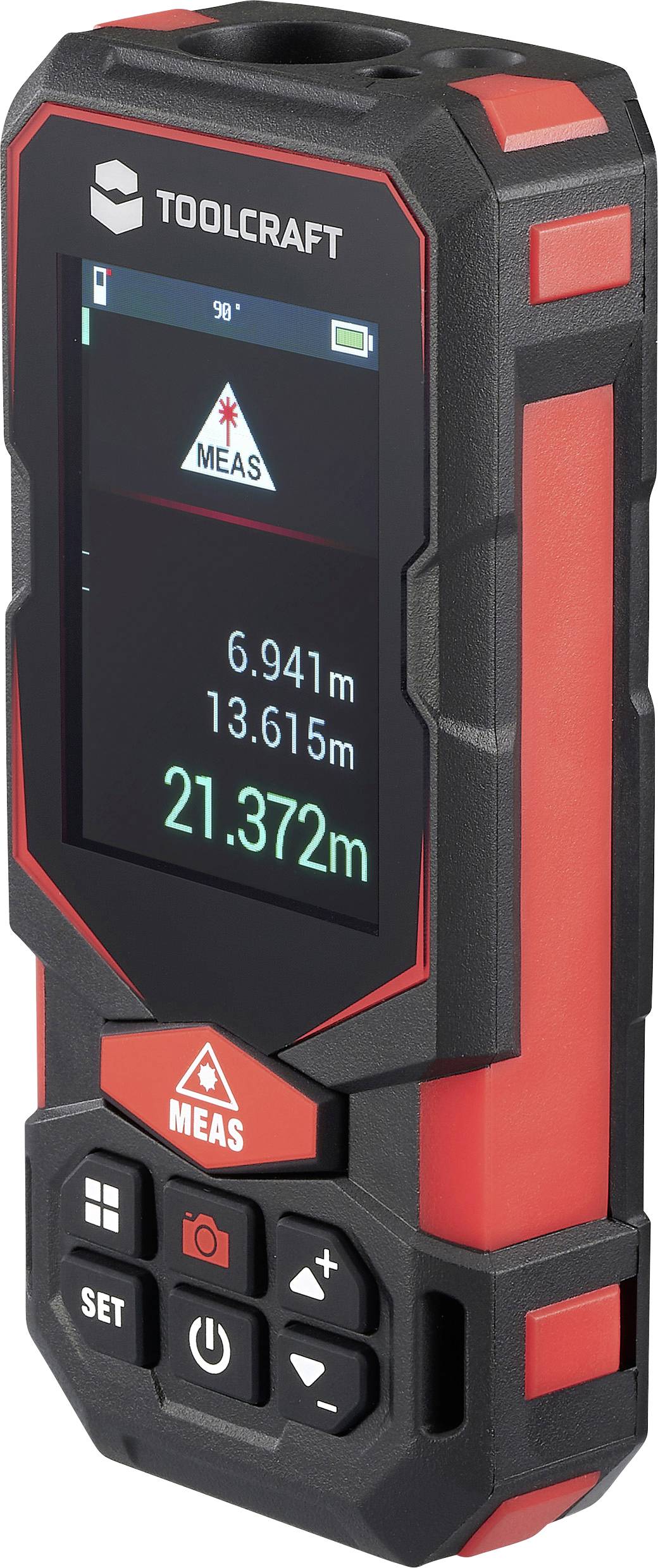 A red and black digital laser distance measurer displays measurements of 6.941 meters, 13.615 meters, and 21.372 meters.