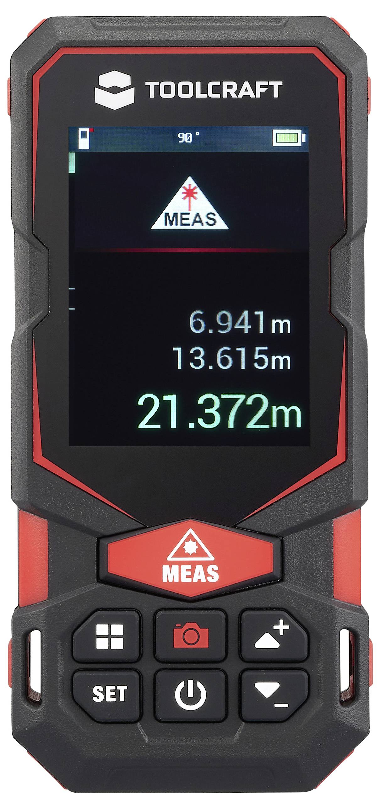 Digital laser distance meter displaying measurements: '6.941m', '13.615m', and '21.372m'. Black and red design with a digital screen.