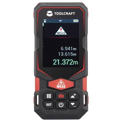Toolcraft laser distance meter display showing a measured distance of 21.372 m, with previous measurements 6.941 m and 13.615 m.