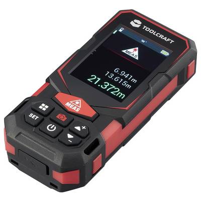 TOOLCRAFT handheld laser distance meter displaying measured distances on its screen, with control buttons and rugged black-red casing.