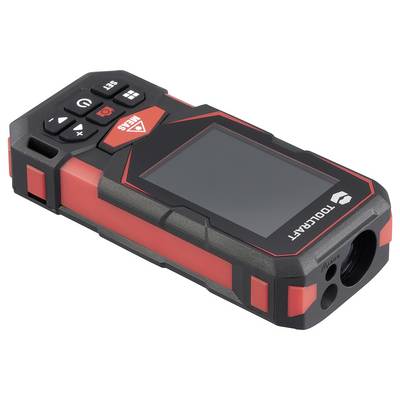 Handheld laser distance measurer with a display screen, red-and-black body, and top control buttons.<br>