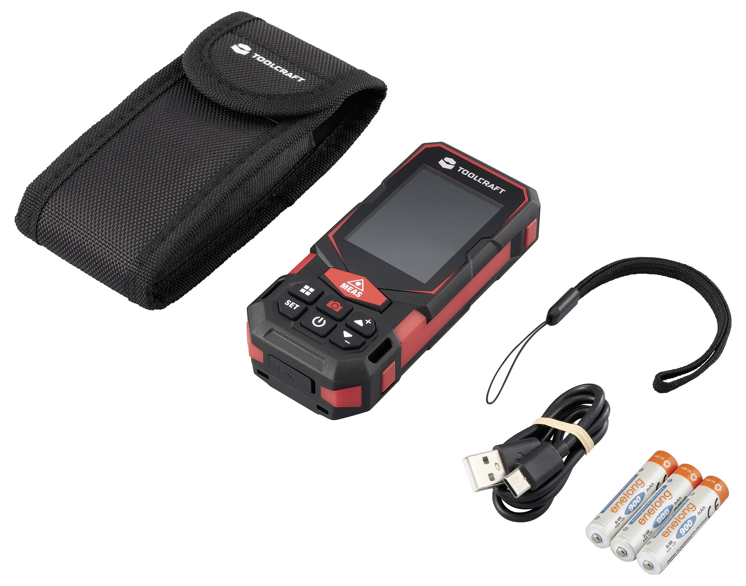 A digital measuring device with a protective case, USB cable, wrist strap, and batteries.