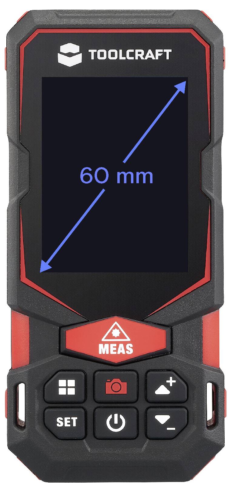 A digital laser distance measurer displaying a measurement of '60 mm' on its screen with the brand name 'TOOLCRAFT' at the top.