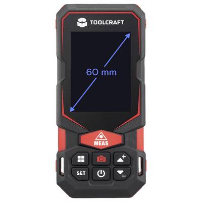 Toolcraft digital laser distance meter showing a 60 mm diagonal measurement on its screen.