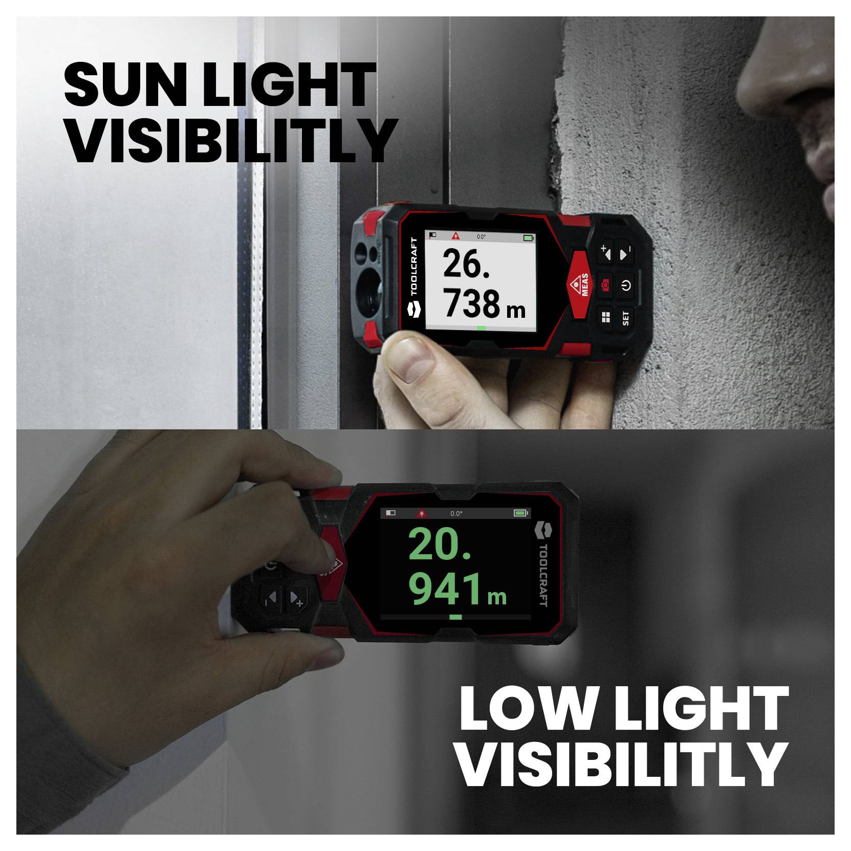 'Sun Light Visibility': Image shows a measuring device displaying 26.738 m in bright light. 'Low Light Visibility': Device shows 20.941 m in a dim setting.