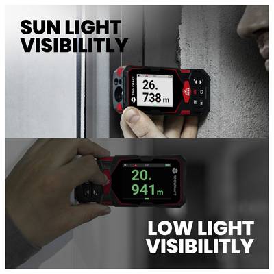 Split image showing a handheld laser measurer: 'SUN LIGHT VISIBILITY' in bright daylight reads 26.738 m, while 'LOW LIGHT VISIBILITY' in dim light reads 20.941 m.<br>