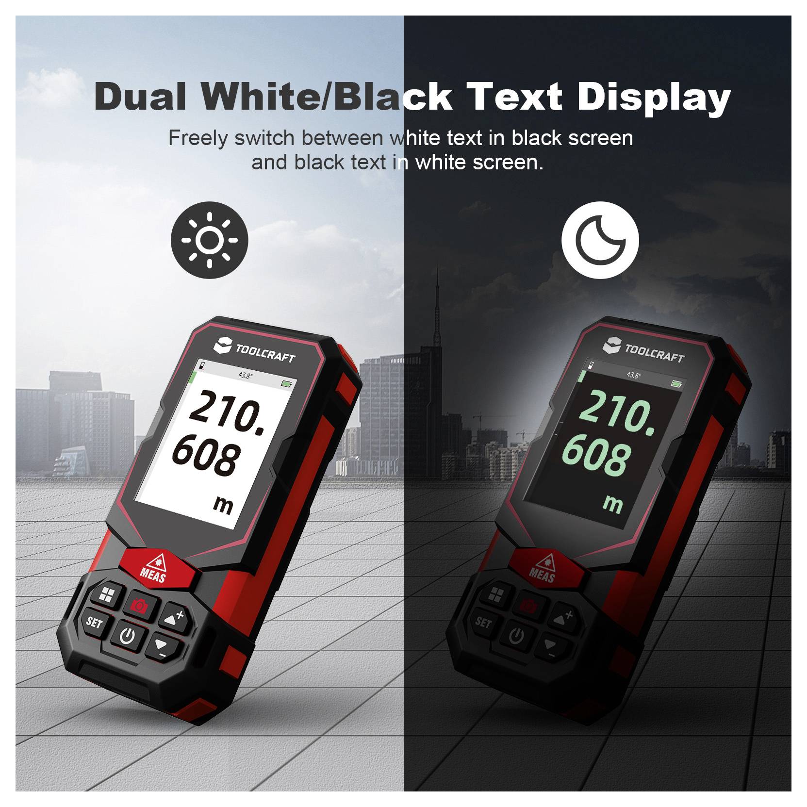 A digital measuring tool displaying '210.608 m'. The screen can switch between white text on a black background and black text on a white background.