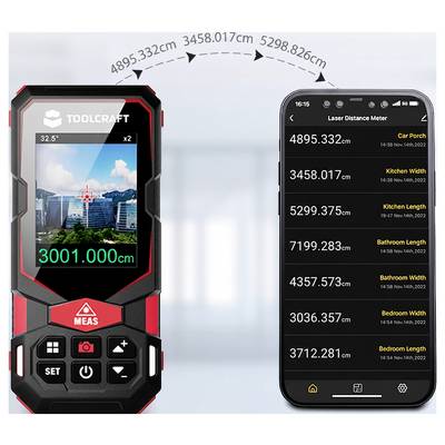 A laser distance meter on the left sends measurements to a smartphone app on the right, showing saved room and area distances in centimeters.