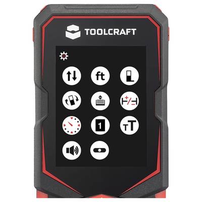 TOOLCRAFT handheld device screen showing a settings menu with 10 circular icons, including up/down arrows, 'ft', a length symbol, rotation, calibration, plus/minus, clock, 1, text size, sound, and toggle.