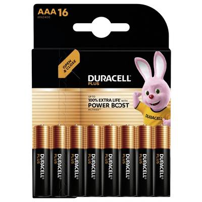 'Duracell Plus AAA batteries pack of 16, featuring a pink bunny mascot and claims of up to 100% extra life with Power Boost technology.'