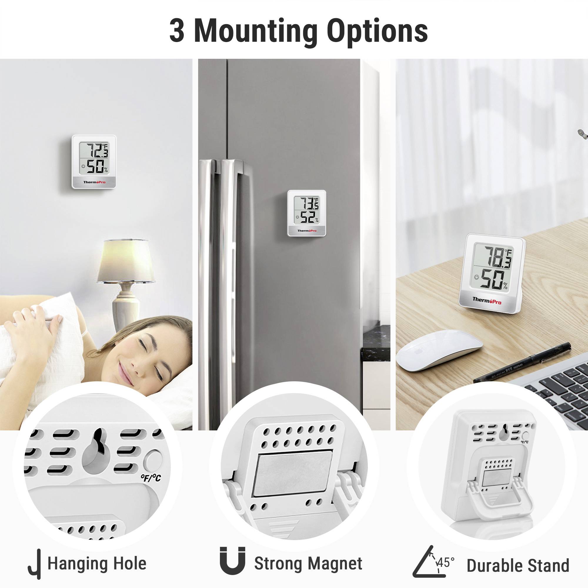 Three mounting options for a thermometer: hanging on a wall, attached to a fridge with a magnet, and standing upright on a desk.