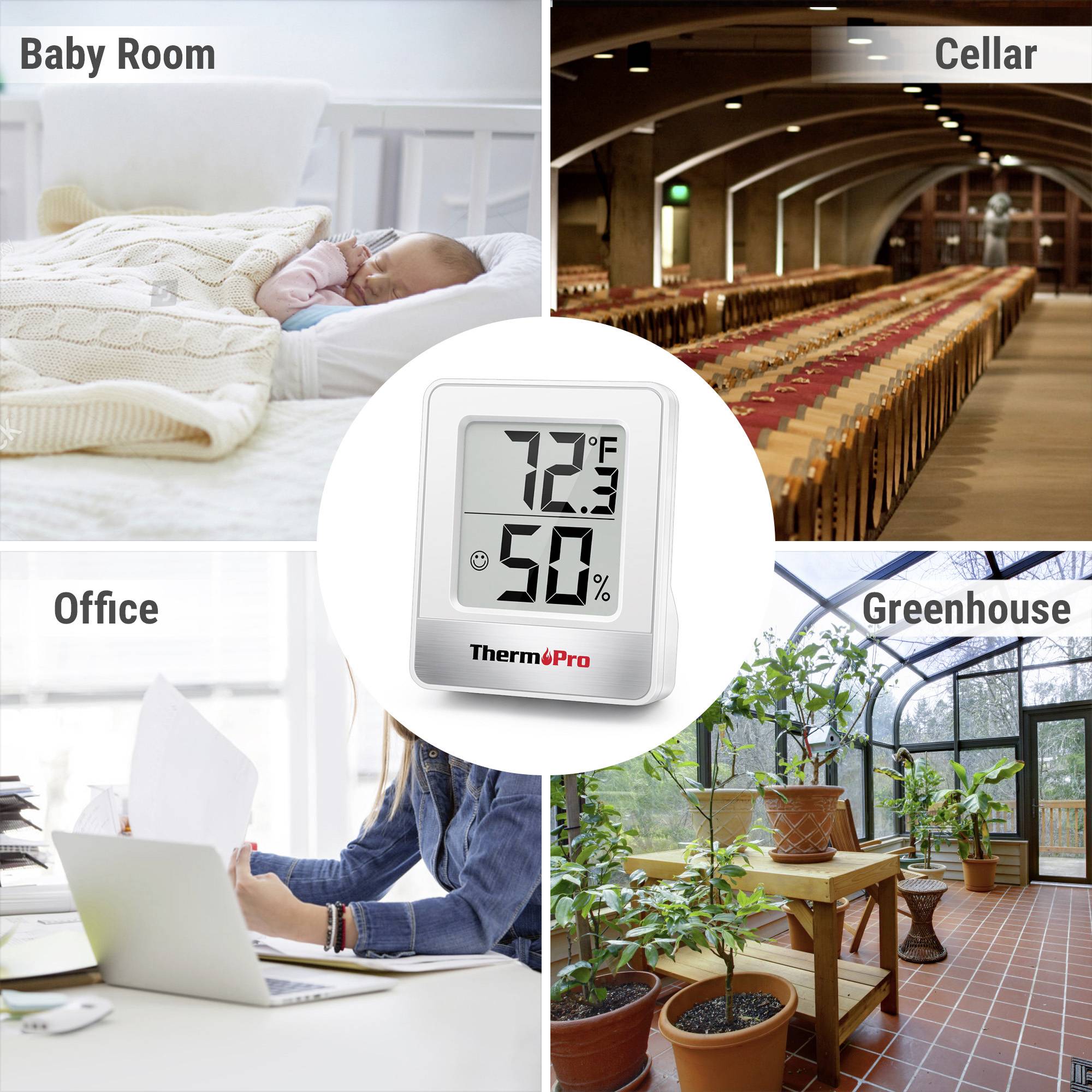 Thermometer showing '72.5°F' with four images: a baby room, a cellar, an office, and a greenhouse, suggesting temperature monitoring.