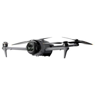 A sleek, black quadcopter drone with four propellers and a camera, designed for aerial photography, hovering in the air.