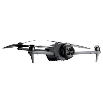 A black quadcopter drone with four propellers and a camera mounted on its front, designed for aerial photography.