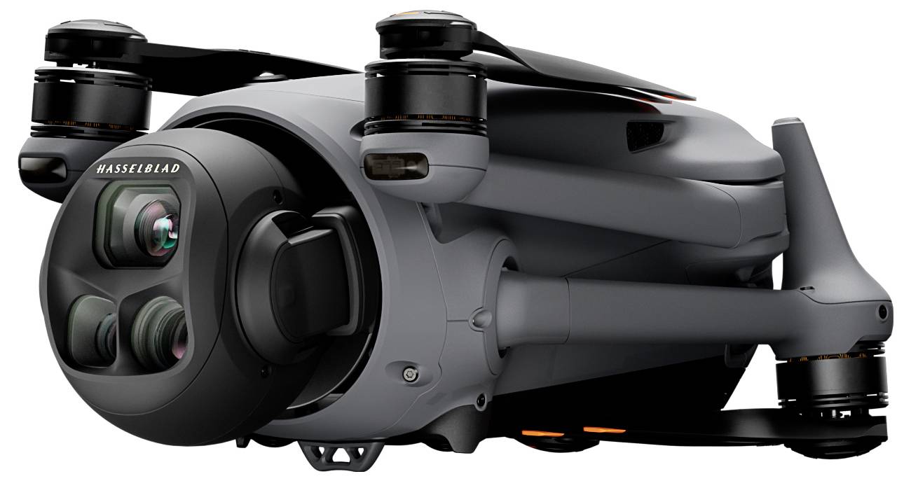 A compact, foldable, and efficient drone with a camera unit featuring multiple lenses marked 'Hasselblad.'